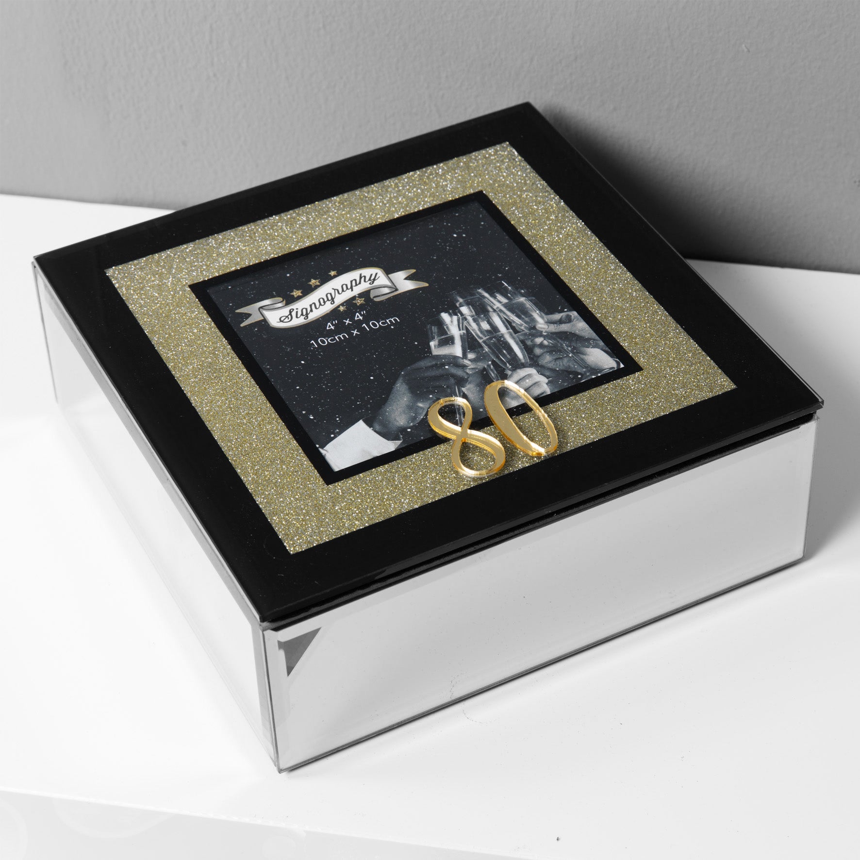 80th Birthday Trinket Box - Gold Glitter - 4" x 4" Photo Aperture