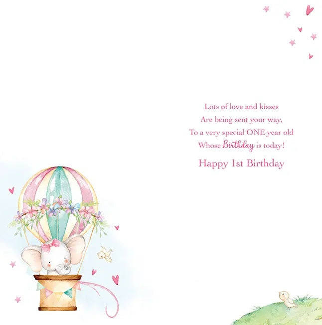 1st Birthday Card - Cute Elephant In A Hot Air Balloon