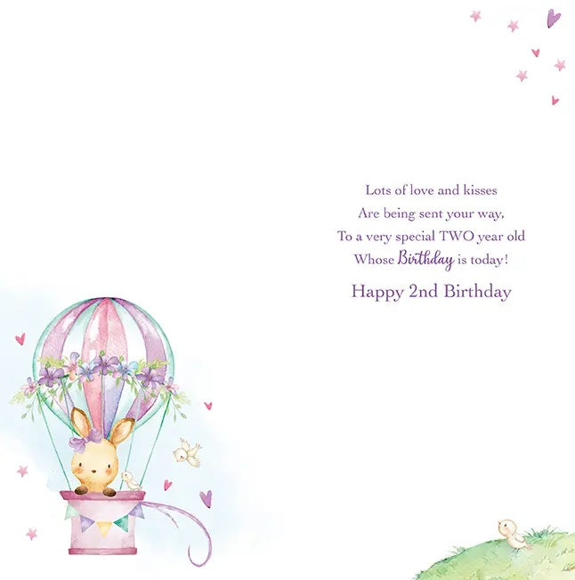 2nd Birthday Card - Cute Rabbit In A Hot Air Balloon