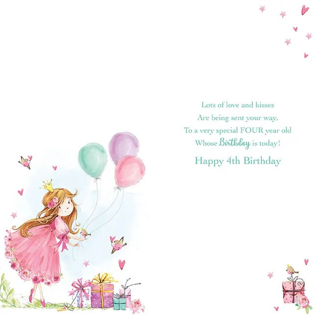 4th Birthday Card - Beautiful Pink Mesh Floral Dressed Princess