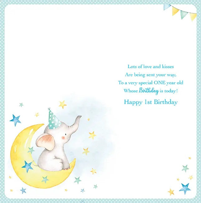 1st Birthday Card - Cute Elephant On The Moon