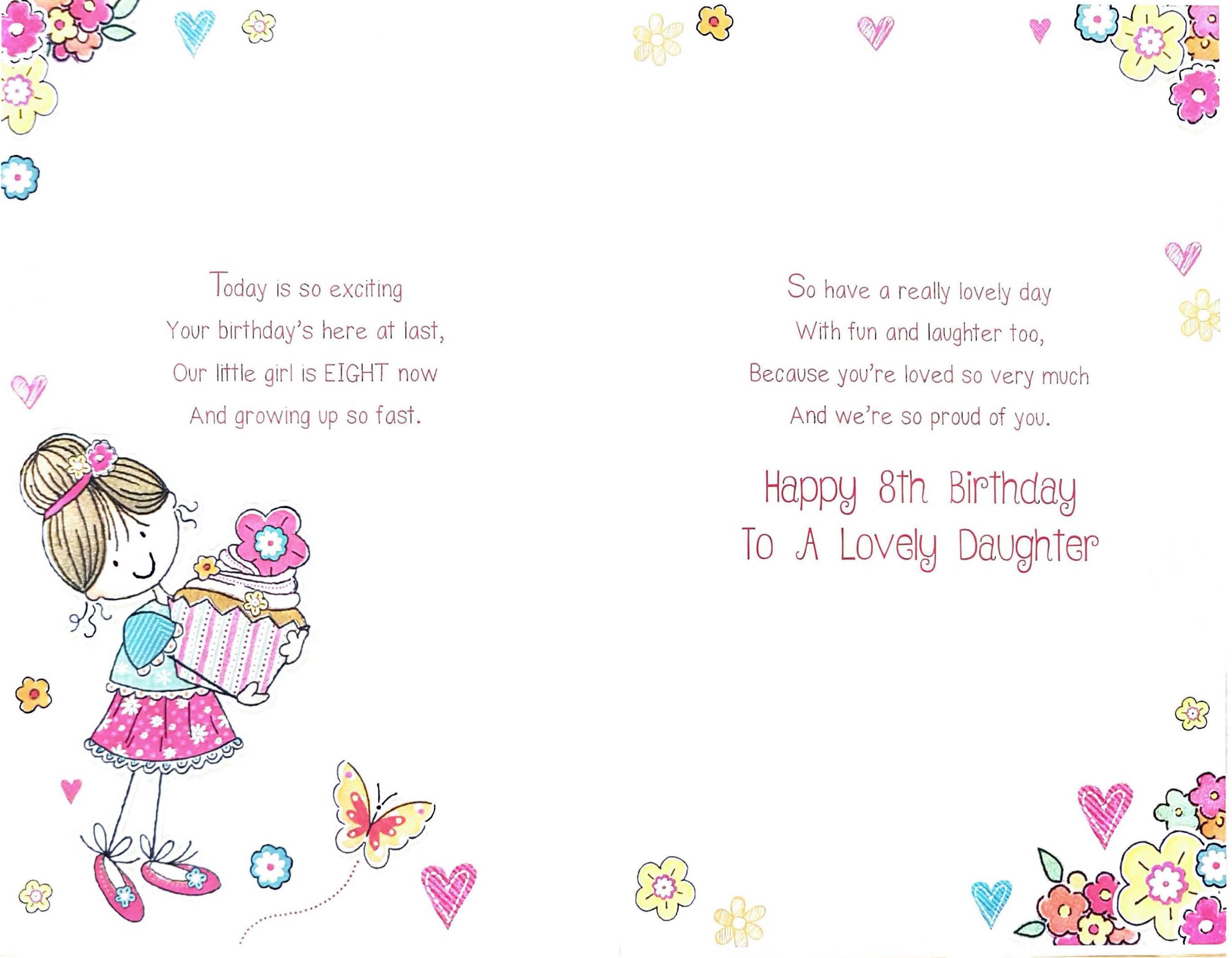 Daughter 8th Birthday Card - Cake and Flower
