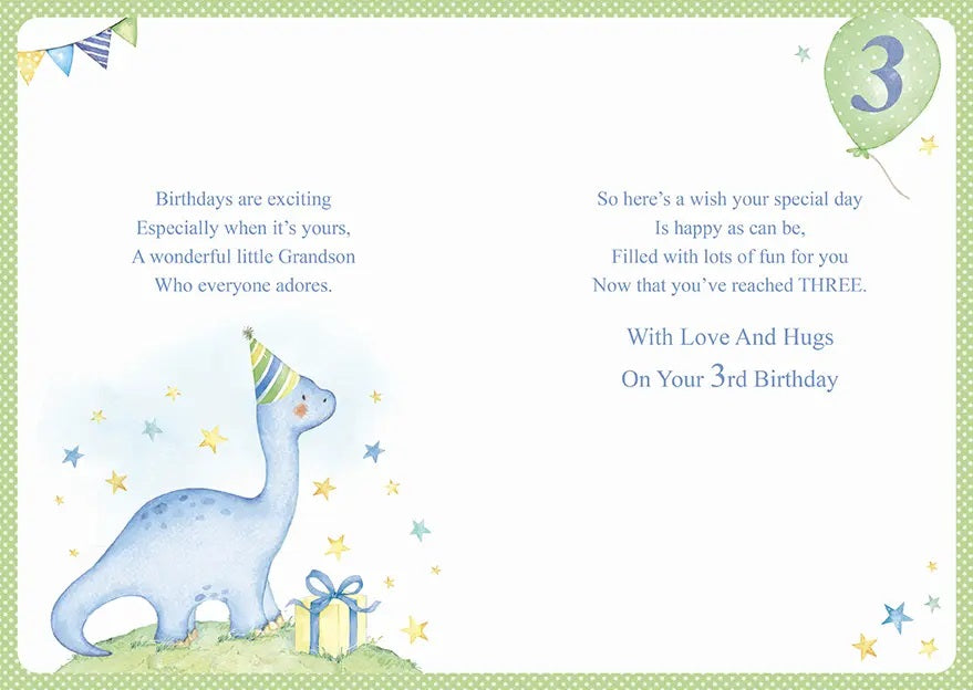 Grandson 3rd Birthday Card - Blue Dinosaur