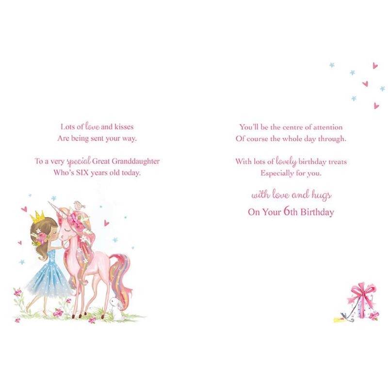 Great-Granddaughter 6th Birthday Card - Princess And Unicorn
