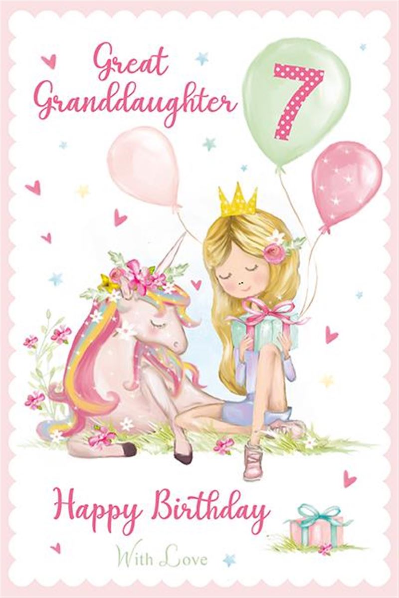 Great Granddaughter 7th Birthday Card - Joyous Celebrations with a Unicorn