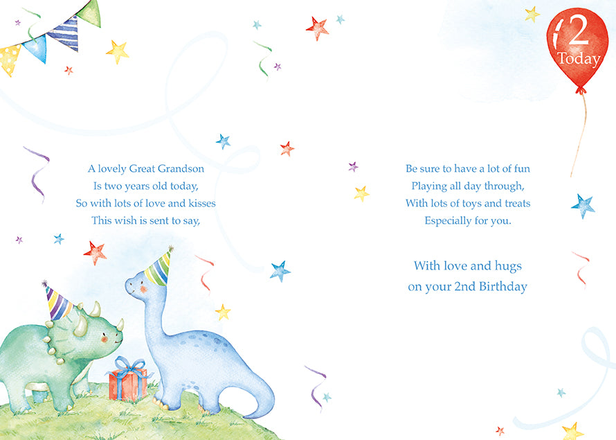 Great- Grandson 2nd Birthday Card - Love and Hugs