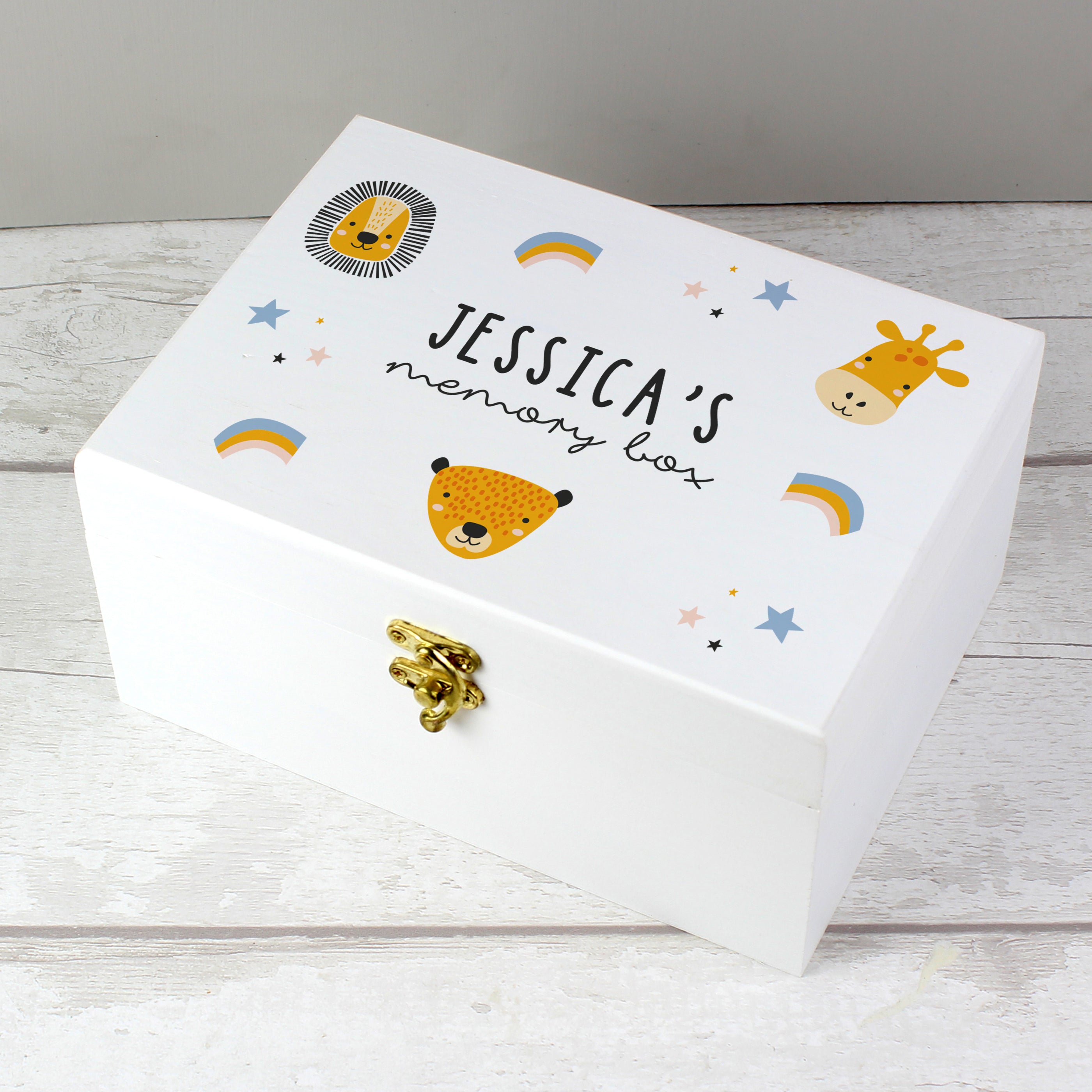 Personalised Safari Animal White Wooden Keepsake Box