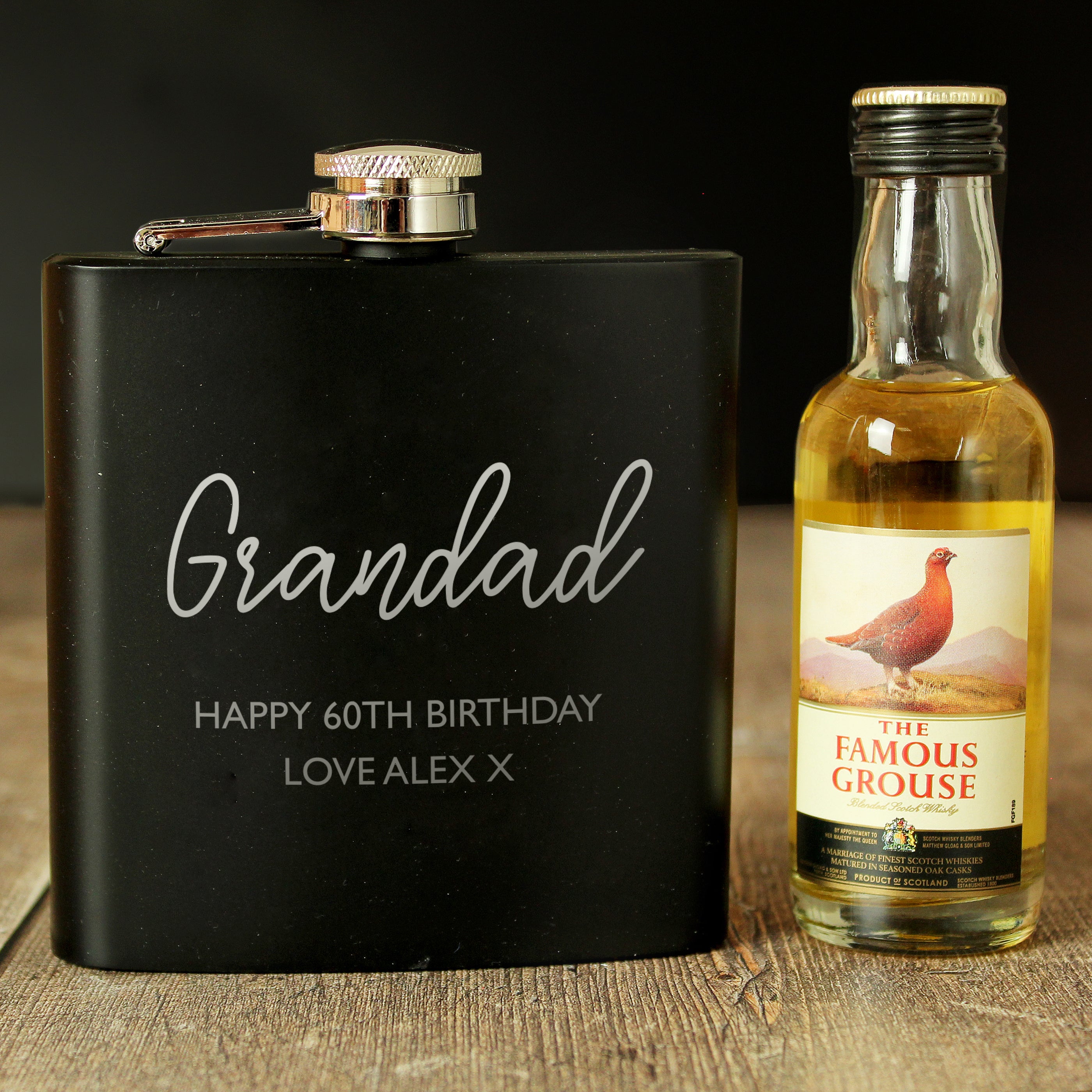 Personalised Free Text Hip Flask and Grouse Miniature Set