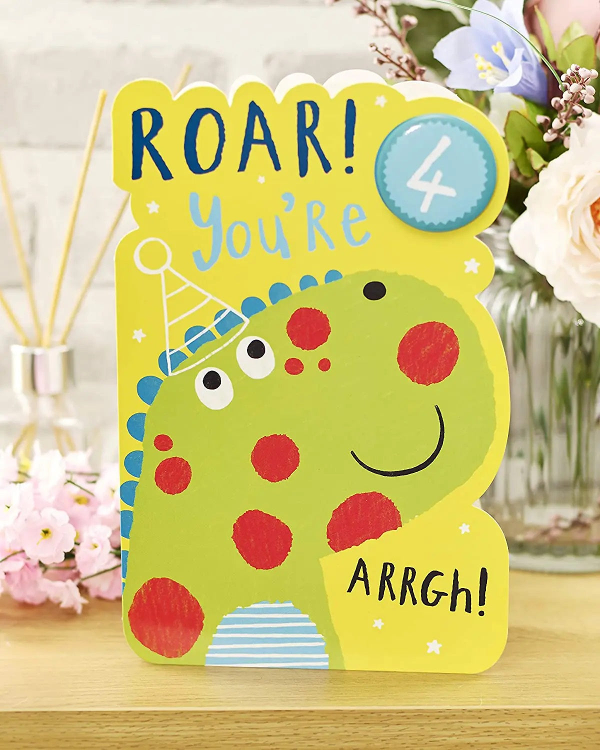 4th Birthday Card - Green Spotty Dinosaur - Badge Included