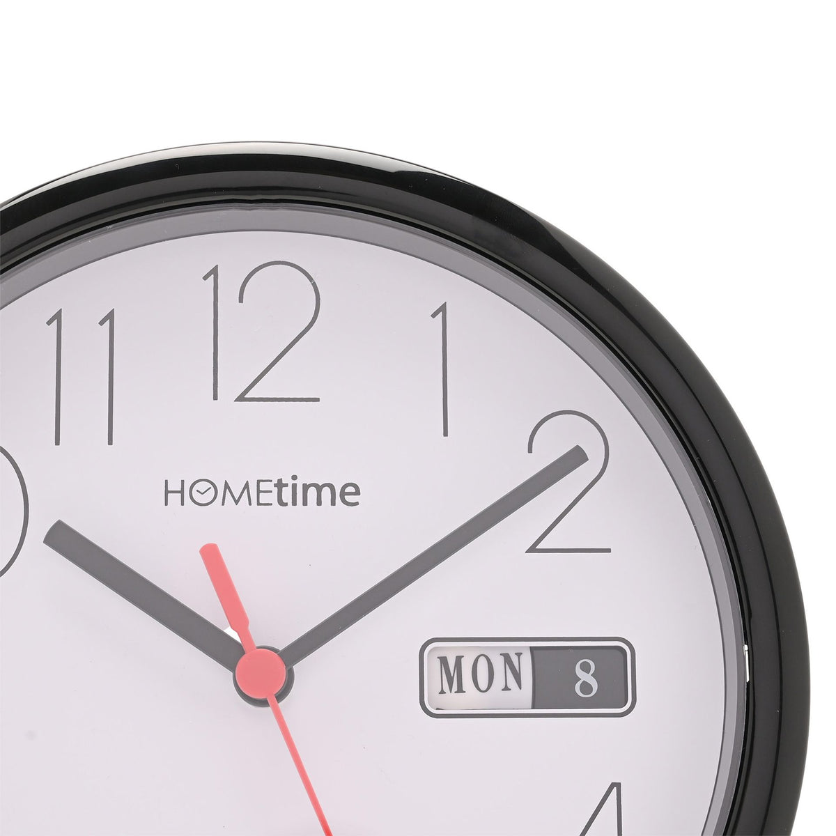 Hometime Day/Date Wall Clk-Black Case White Dial 8.5"Rnd