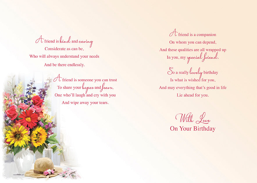 Friend Birthday Card - Flowers in a Vase - Keepsake Card Included