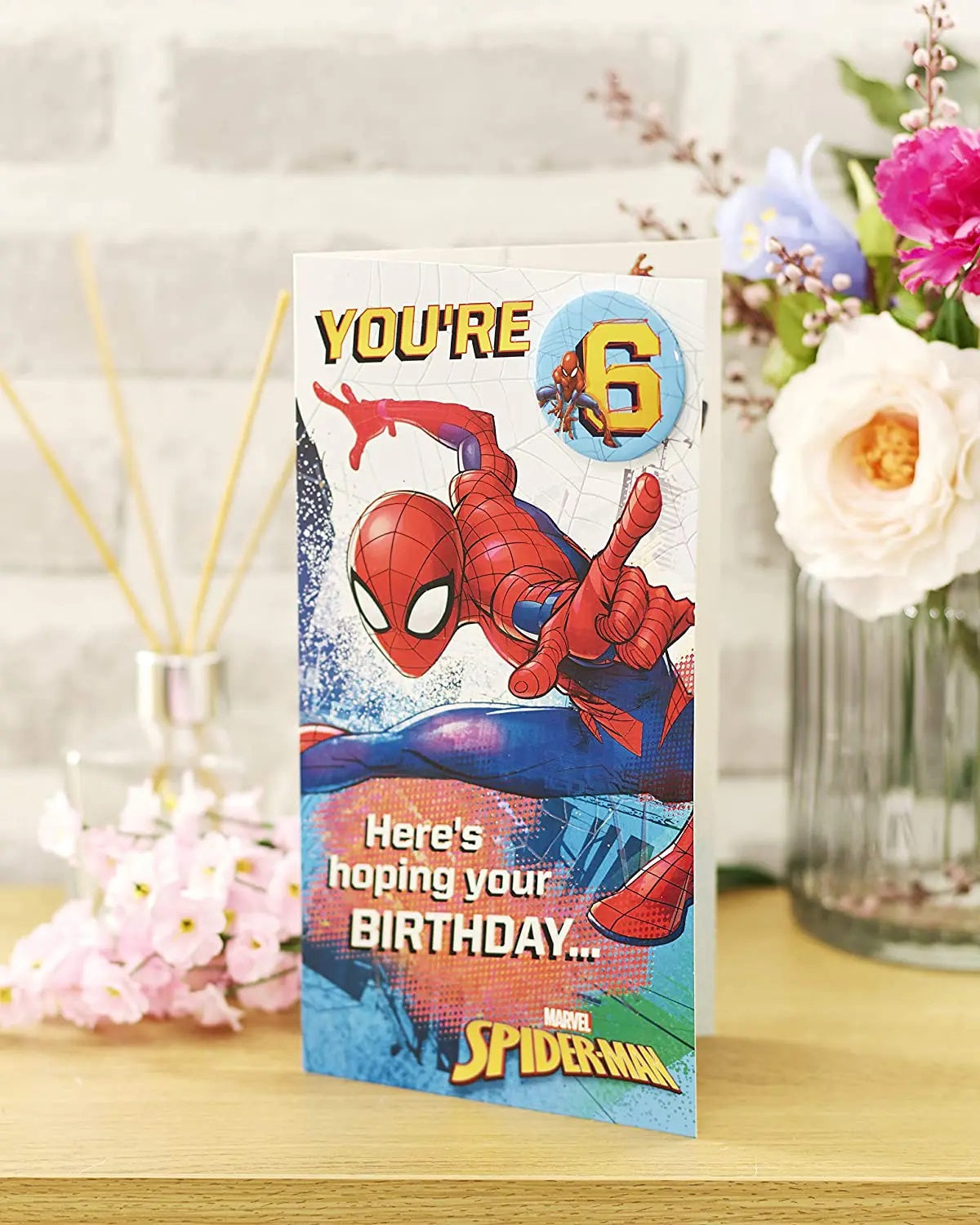 6th Birthday Card - Spider-Man In Action - Badge Included - Colouring Activity Inside