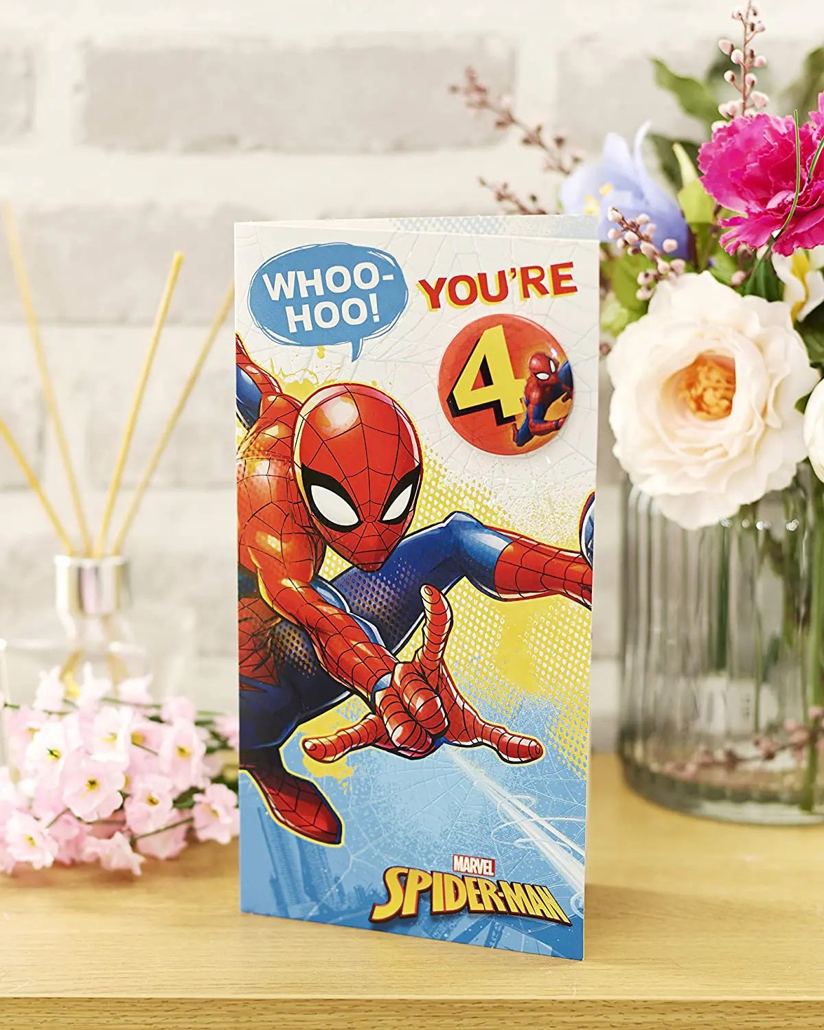 4th Birthday Card - Spiderman In Action - Badge Included - Colouring Activity Inside