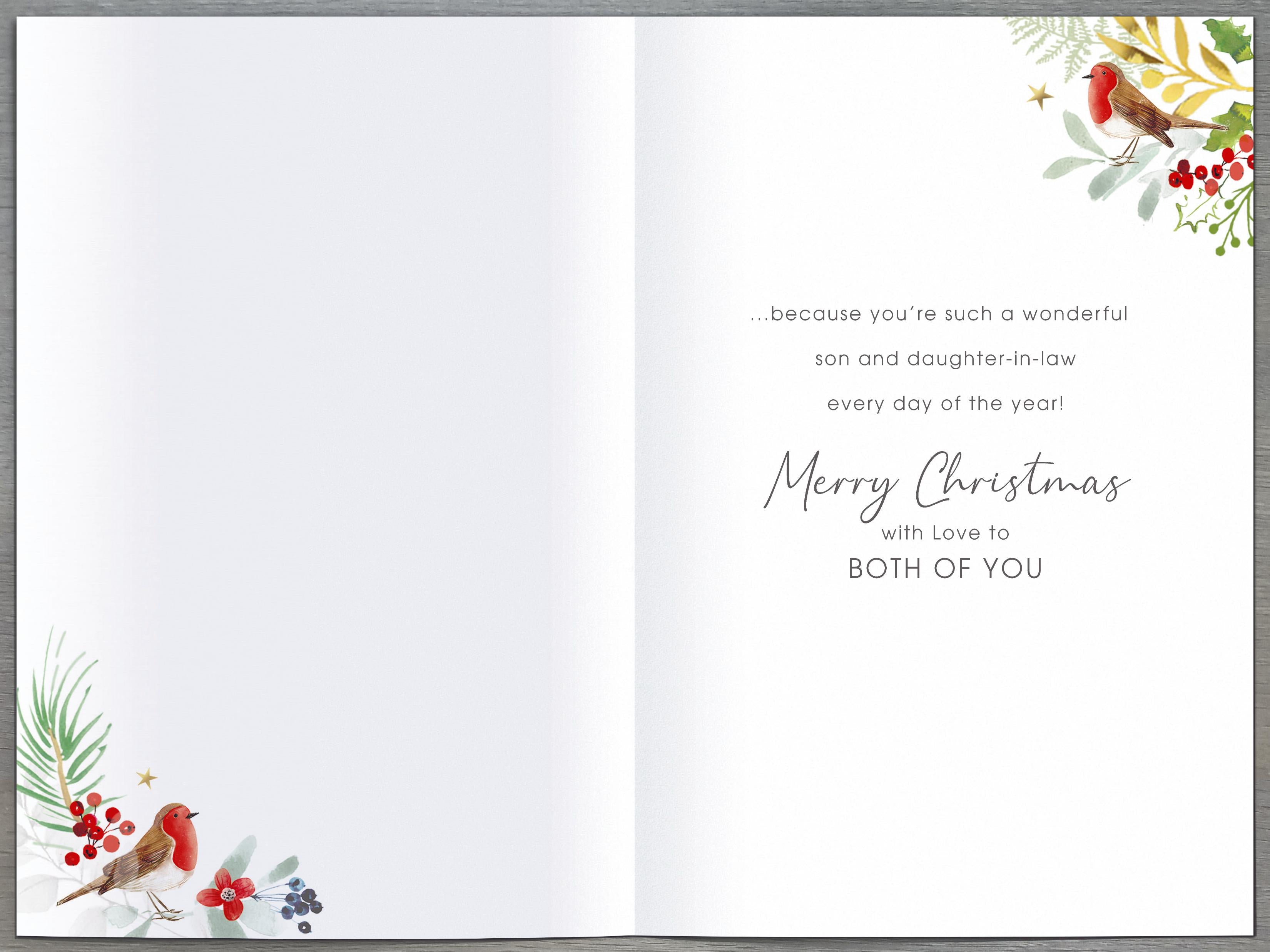 Son & Daughter In Law Christmas Card - Hanging Baubles with Robins & Foliage