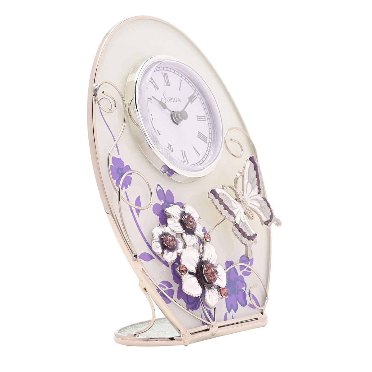 Glass Oval Clock Purple Butterfly/Flowers/Crystals