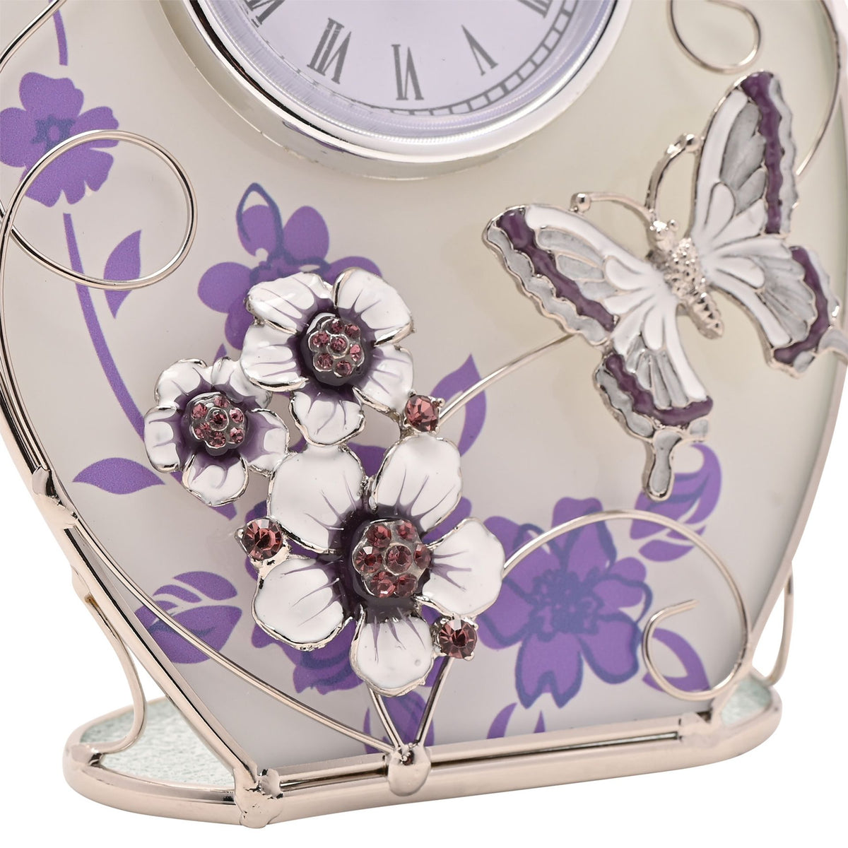 Glass Oval Clock Purple Butterfly/Flowers/Crystals