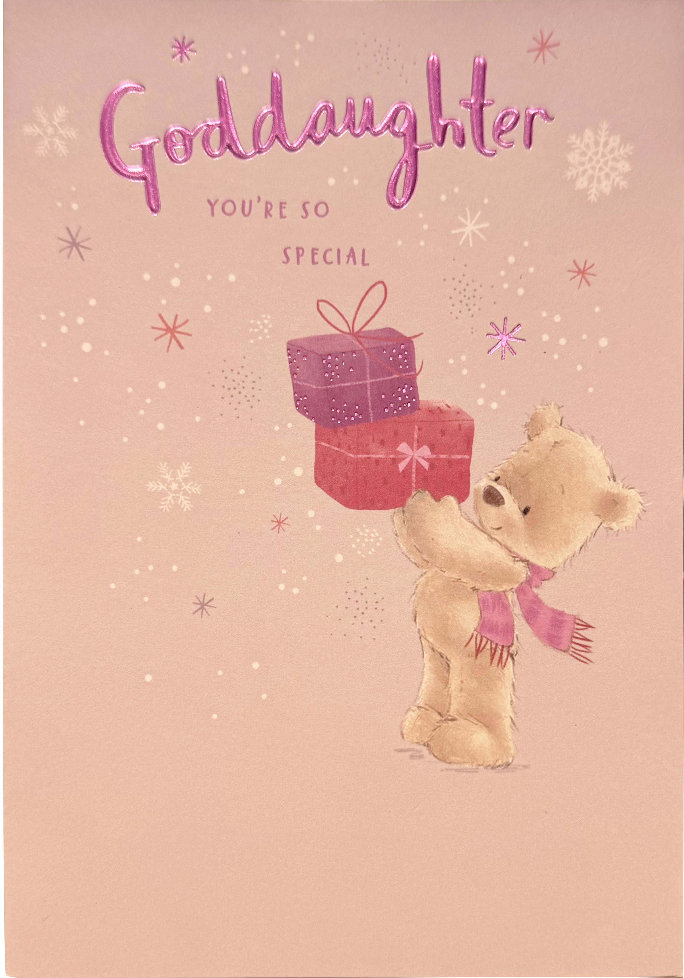 Goddaughter Christmas Card - Cute Teddy Holding Presents