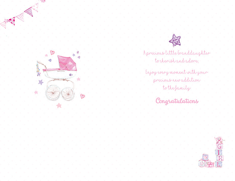 Birth Of Your Granddaughter Card - Baby Goodies With A Blue Pram