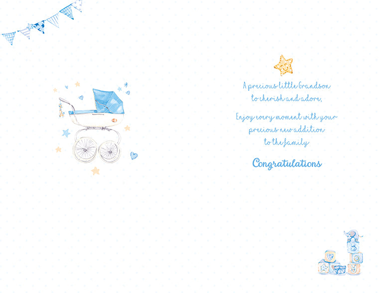 Birth of Your Grandson Card - Baby Goodies With A Blue Pram