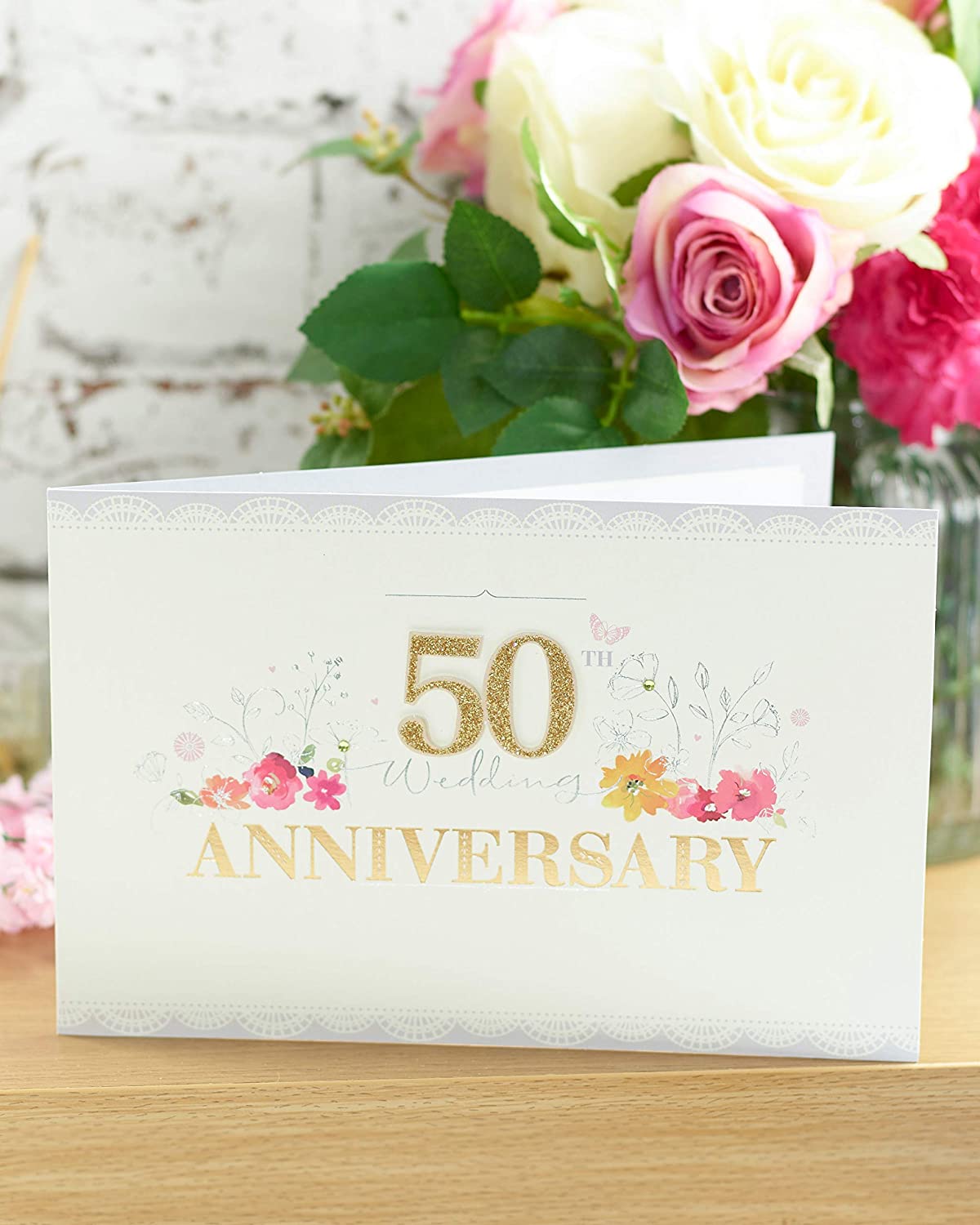 50th Wedding Anniversary Card - Spirited Celebration with Pretty Flowers