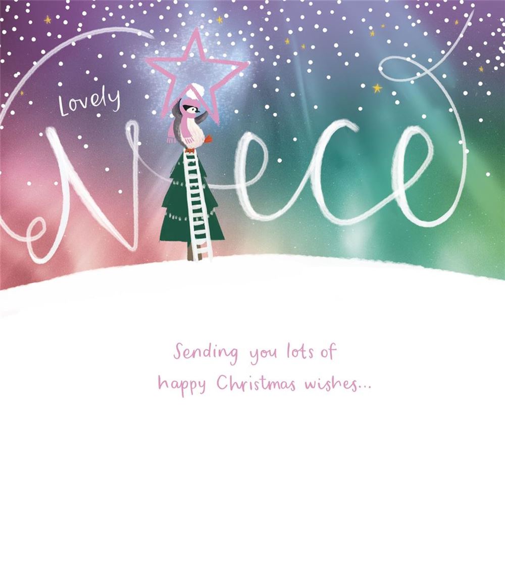 Niece Christmas Card - Penguin Topping the Tree