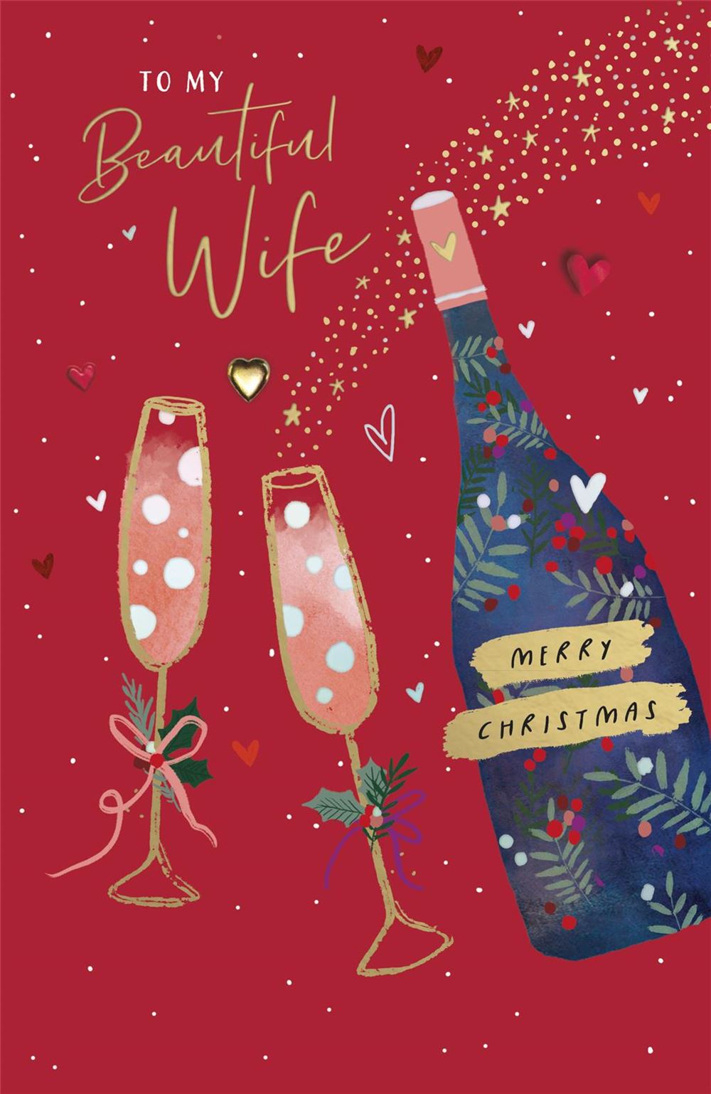 Wife Christmas Cards - Champagne Bottle and Flutes