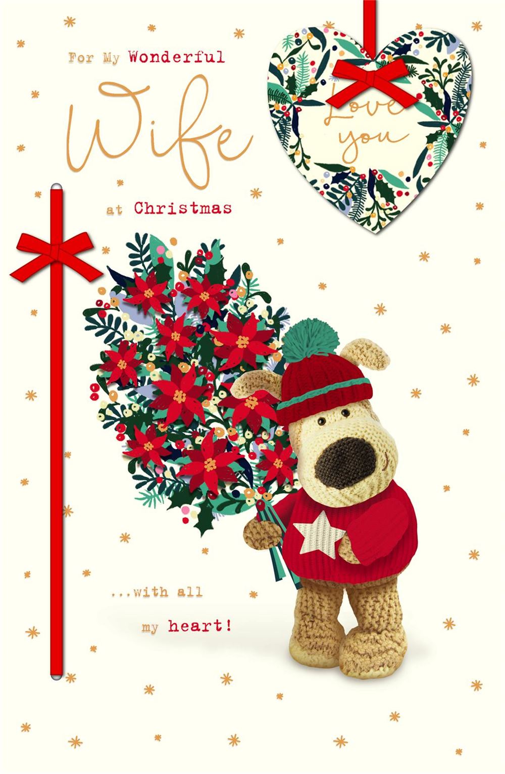 Wife Christmas Card - Boofles Holding a Bouquet