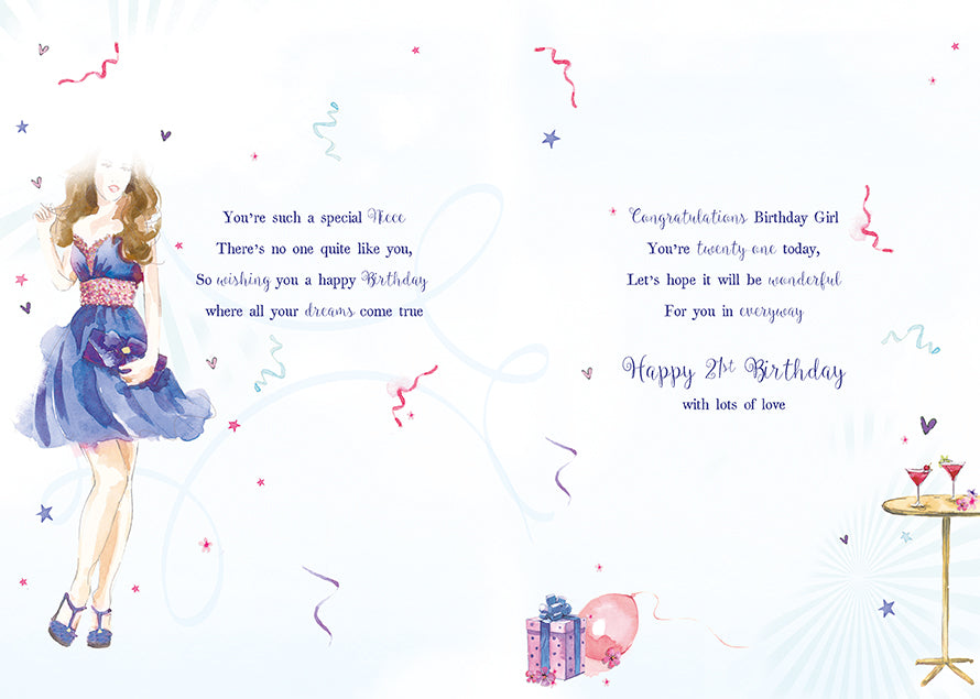 21st Niece Birthday Card - Pretty Frills Curls And Cocktails
