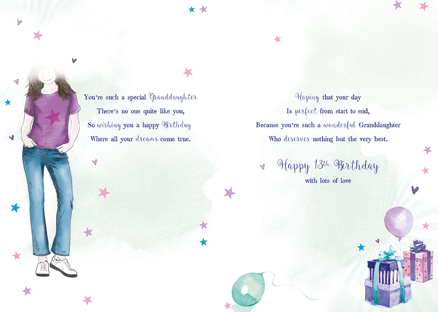 13th Granddaughter Birthday Card - Gifts and Balloon