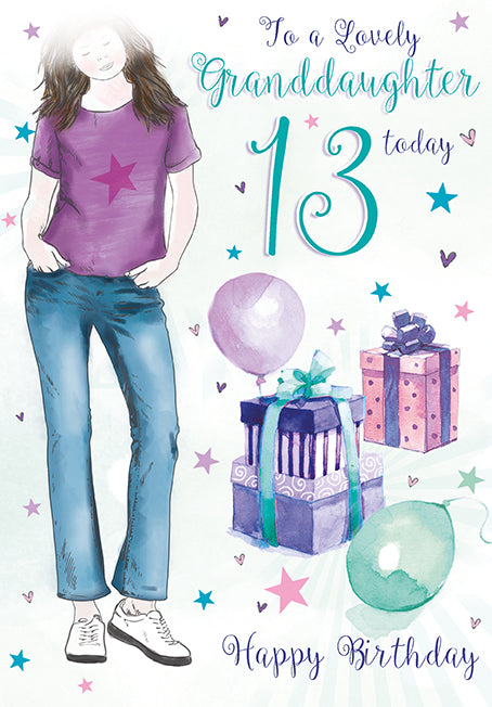 13th Granddaughter Birthday Card - Gifts and Balloon