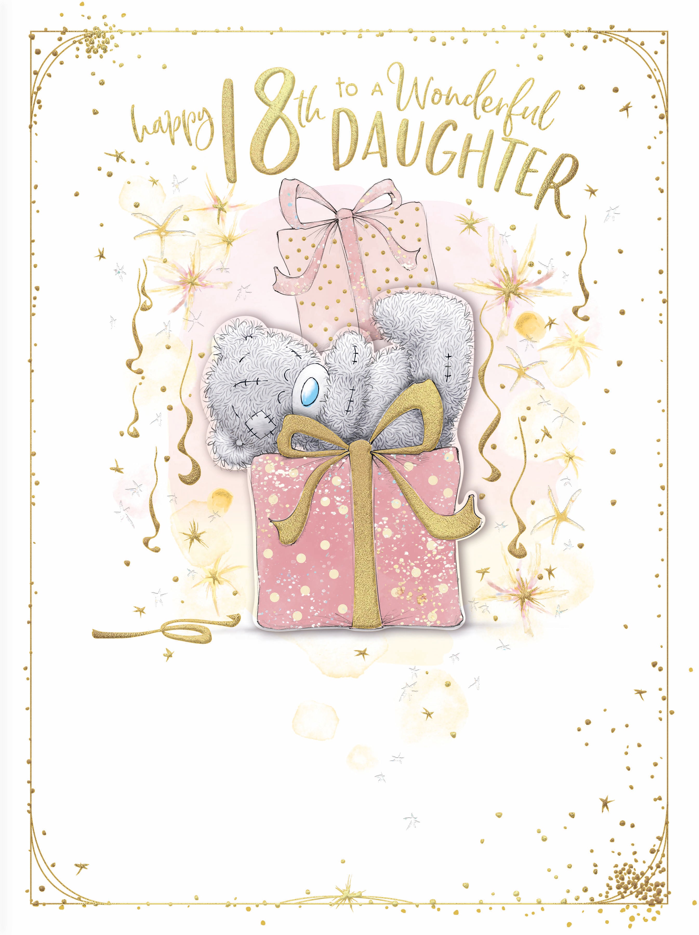 Daughter 18th Birthday Card - Bear Lying Down With Presents - Large Card