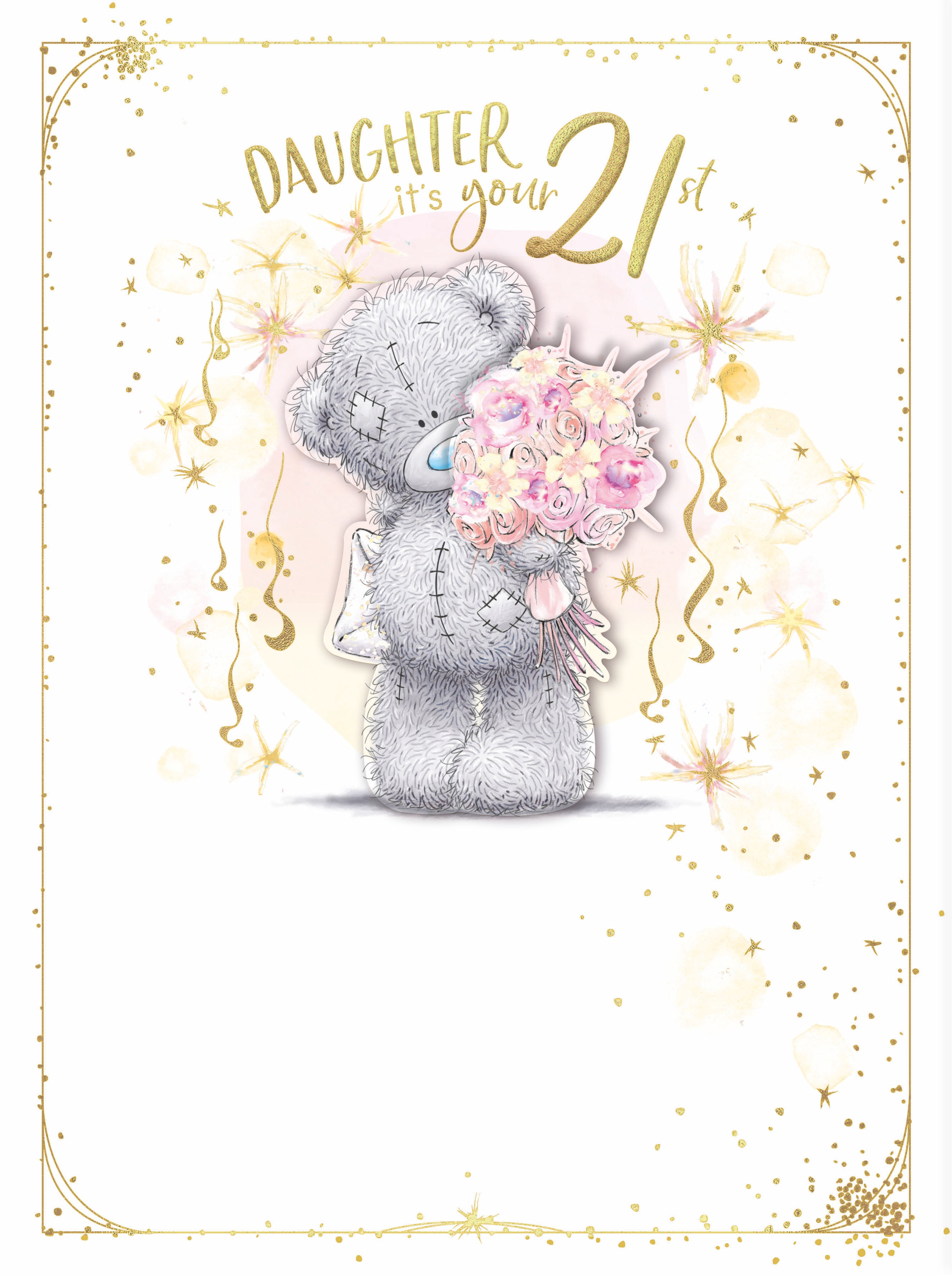 Daughter 21st Birthday Card - Bear Holding Bouquet - Large Card