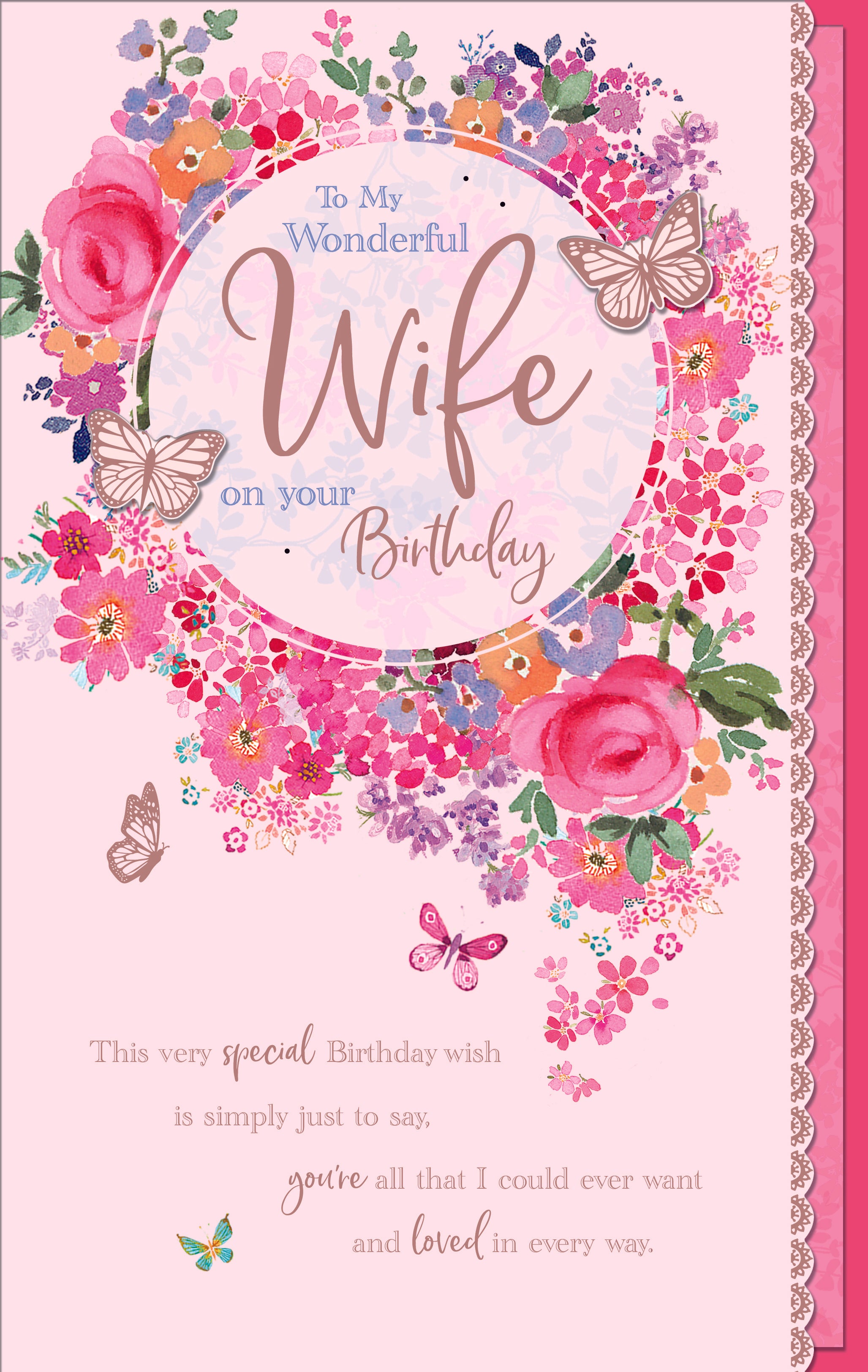 Wife Birthday Card - Flowers And Butterflies