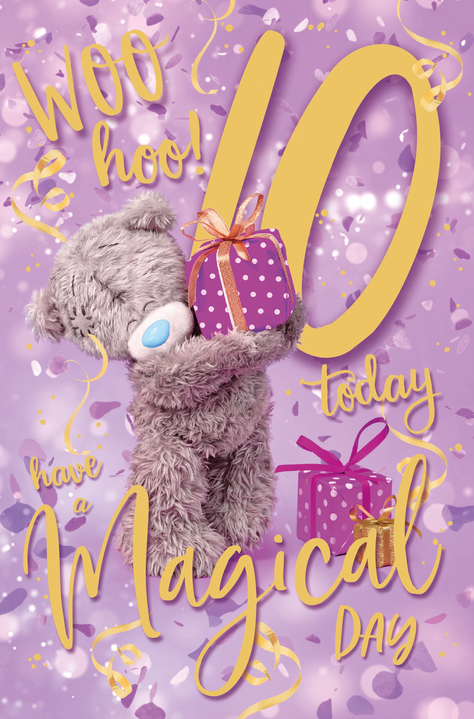 10th Birthday Bear Holding Present Card