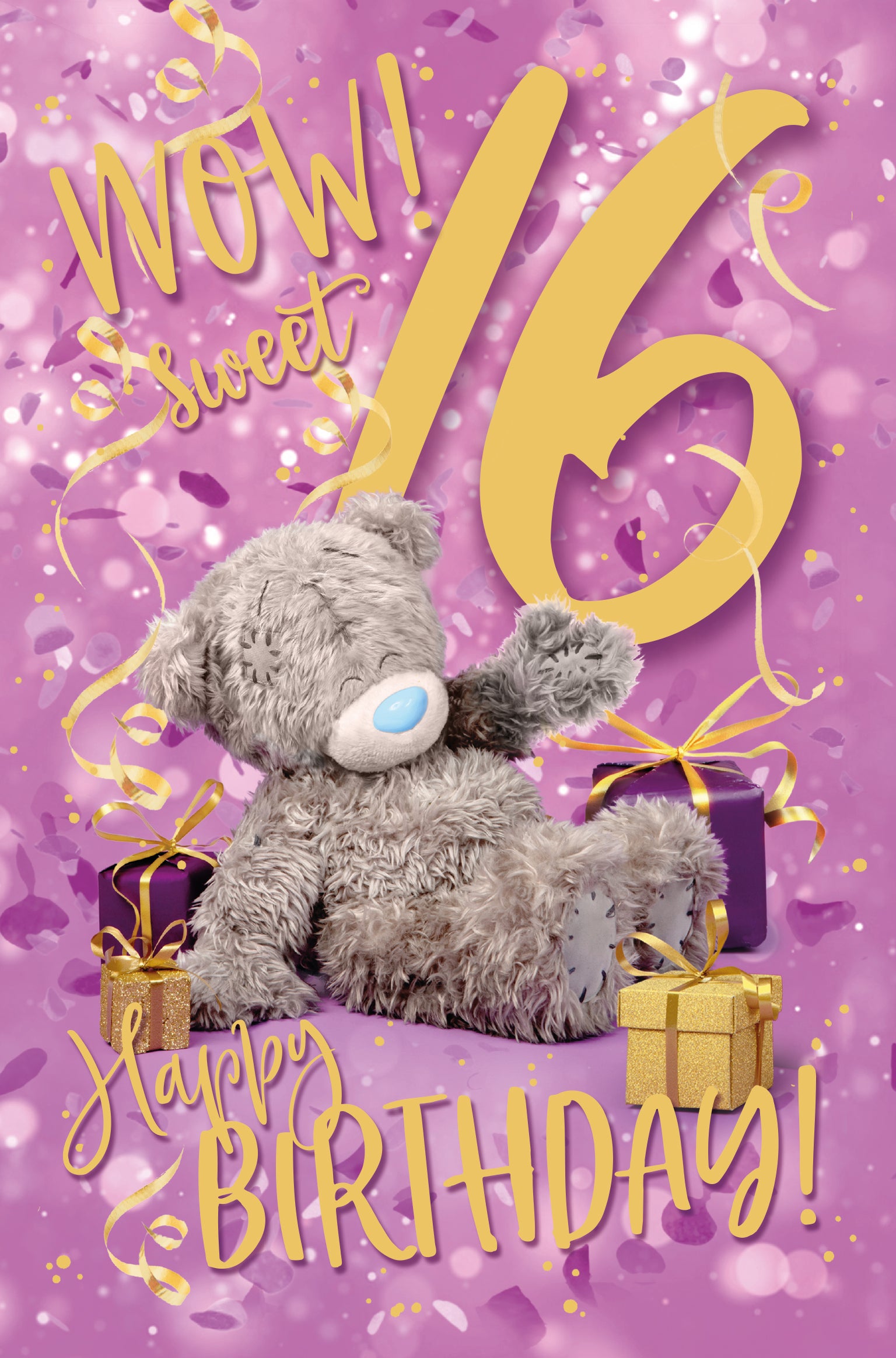 16th Birthday Card - Bear Surrounded by Gifts