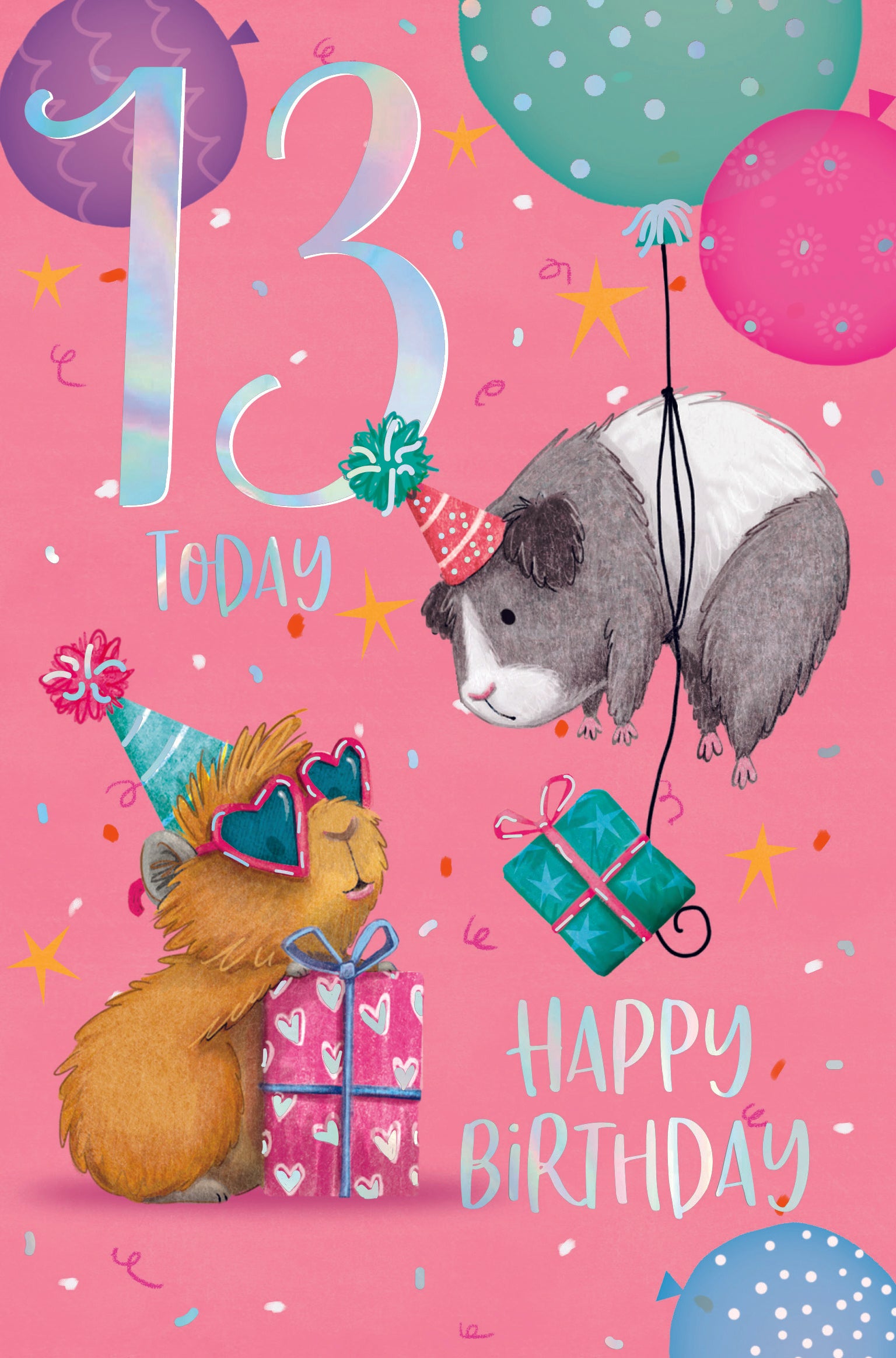 13th Birthday Girl Card - Guinea Pigs And Balloons