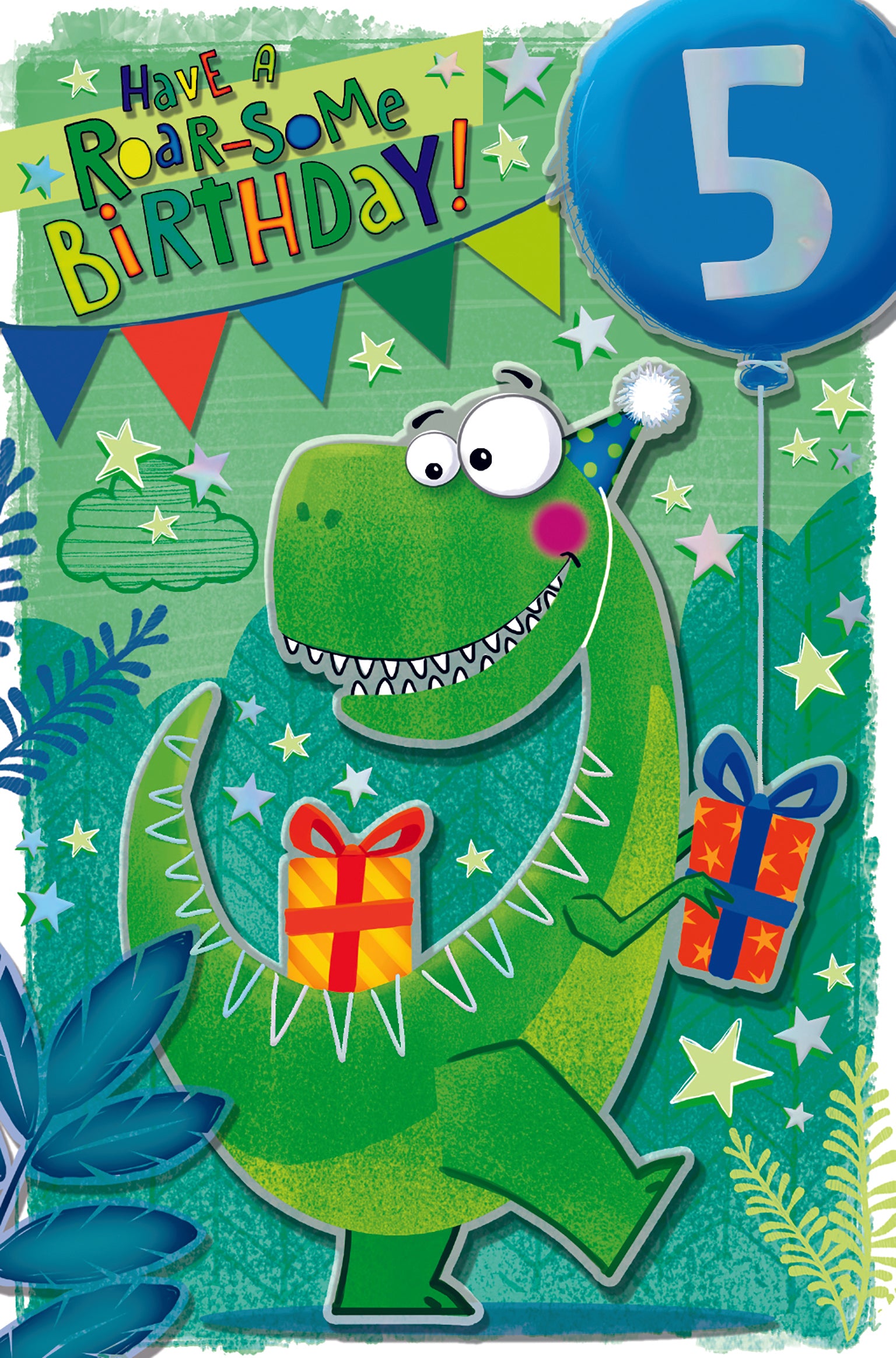 5th Birthday Boy Card - Dinosaur With Gift