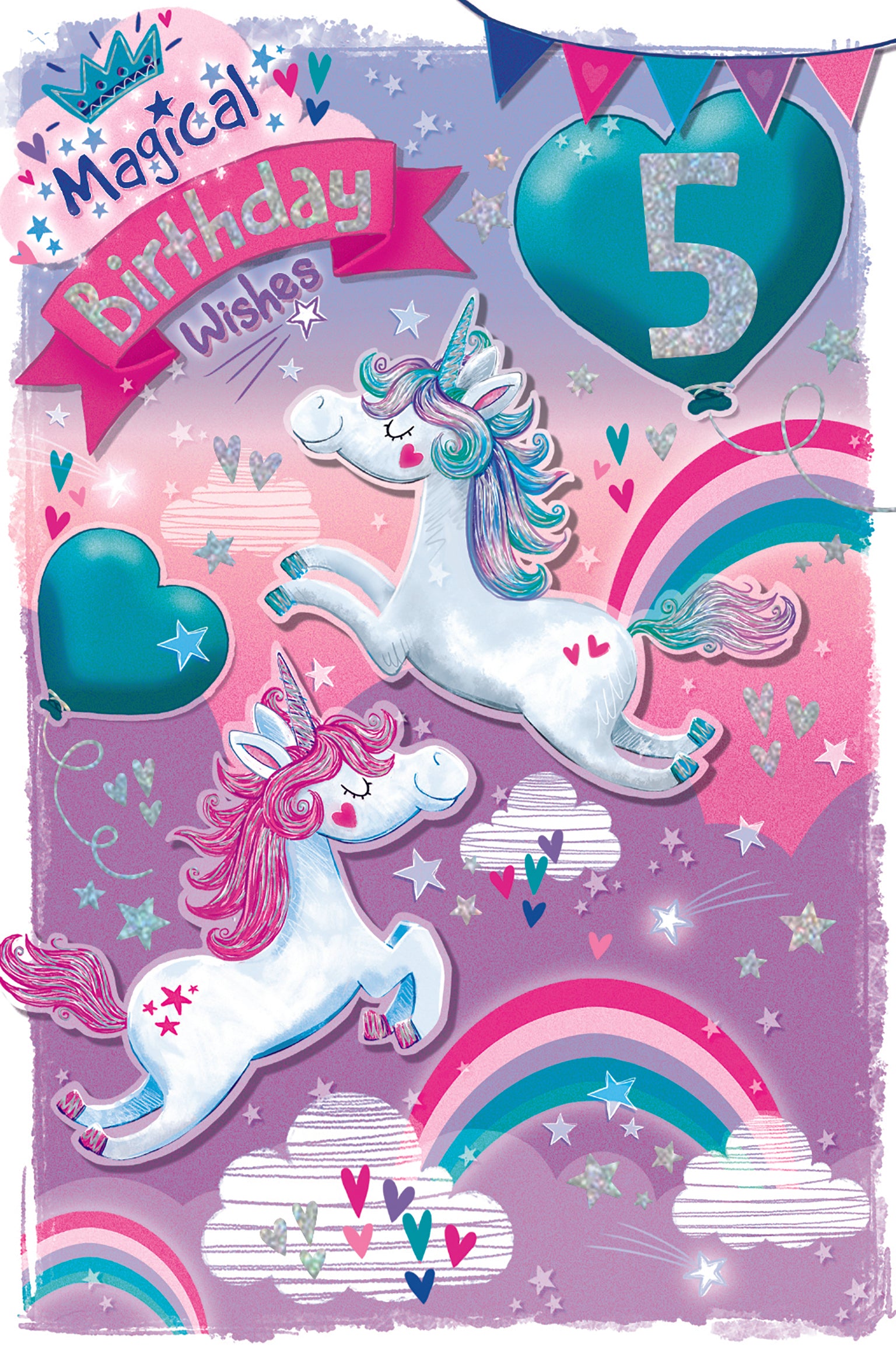 5th Birthday GirlCard - Unicorns And Hearts