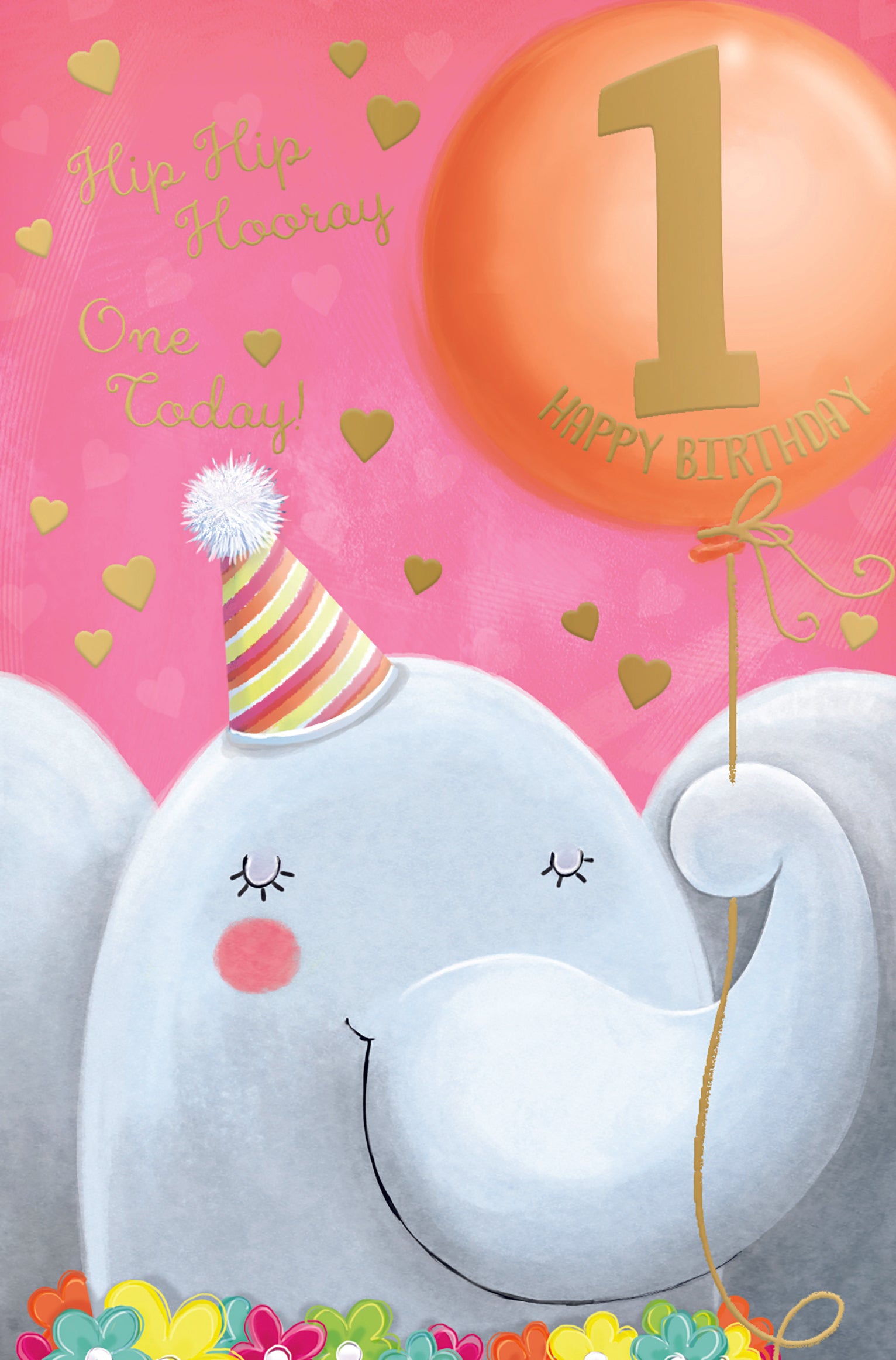 1st Birthday Girl Card - Elephant And Balloon