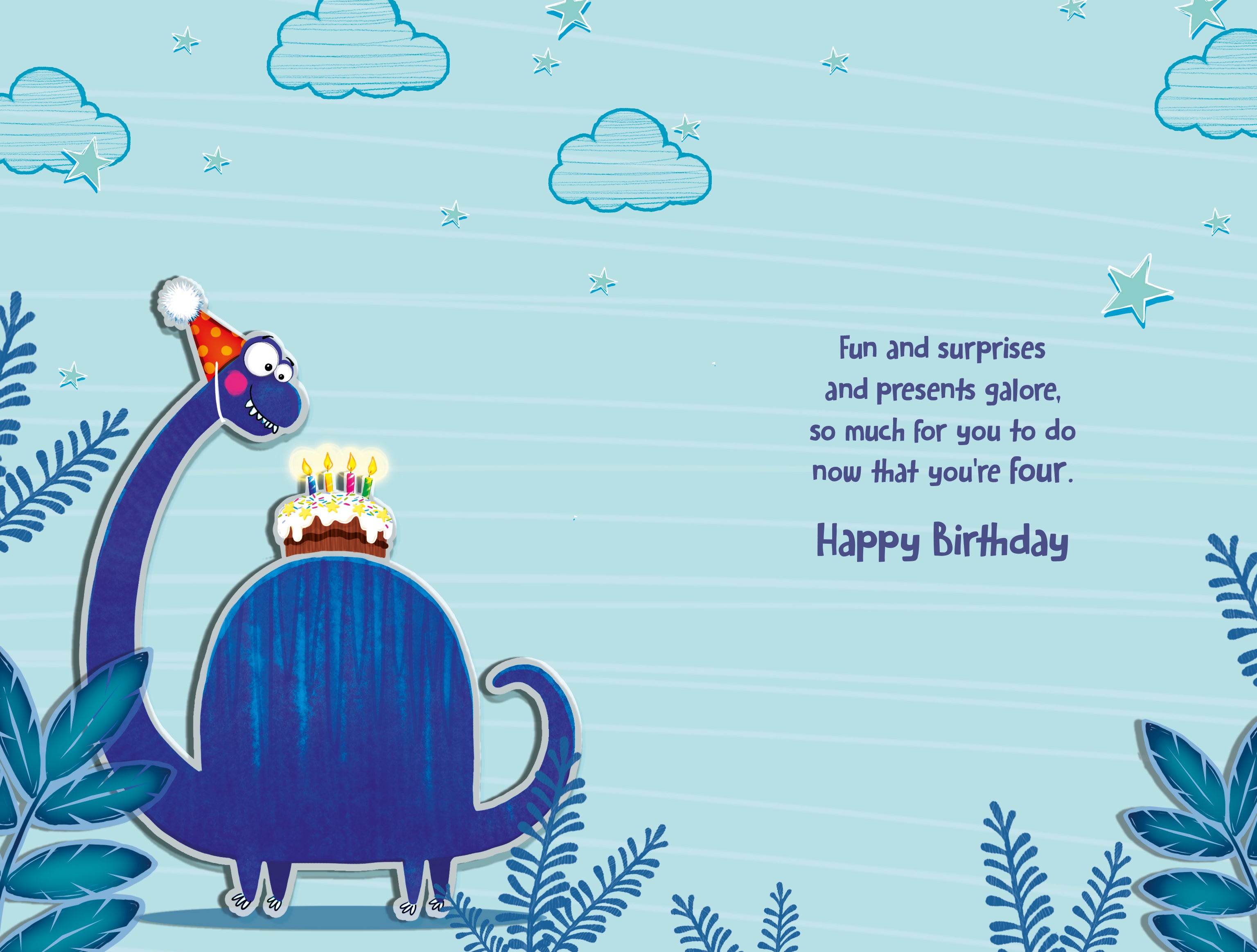 4th Birthday Boy Card - Blue Dino And Cake