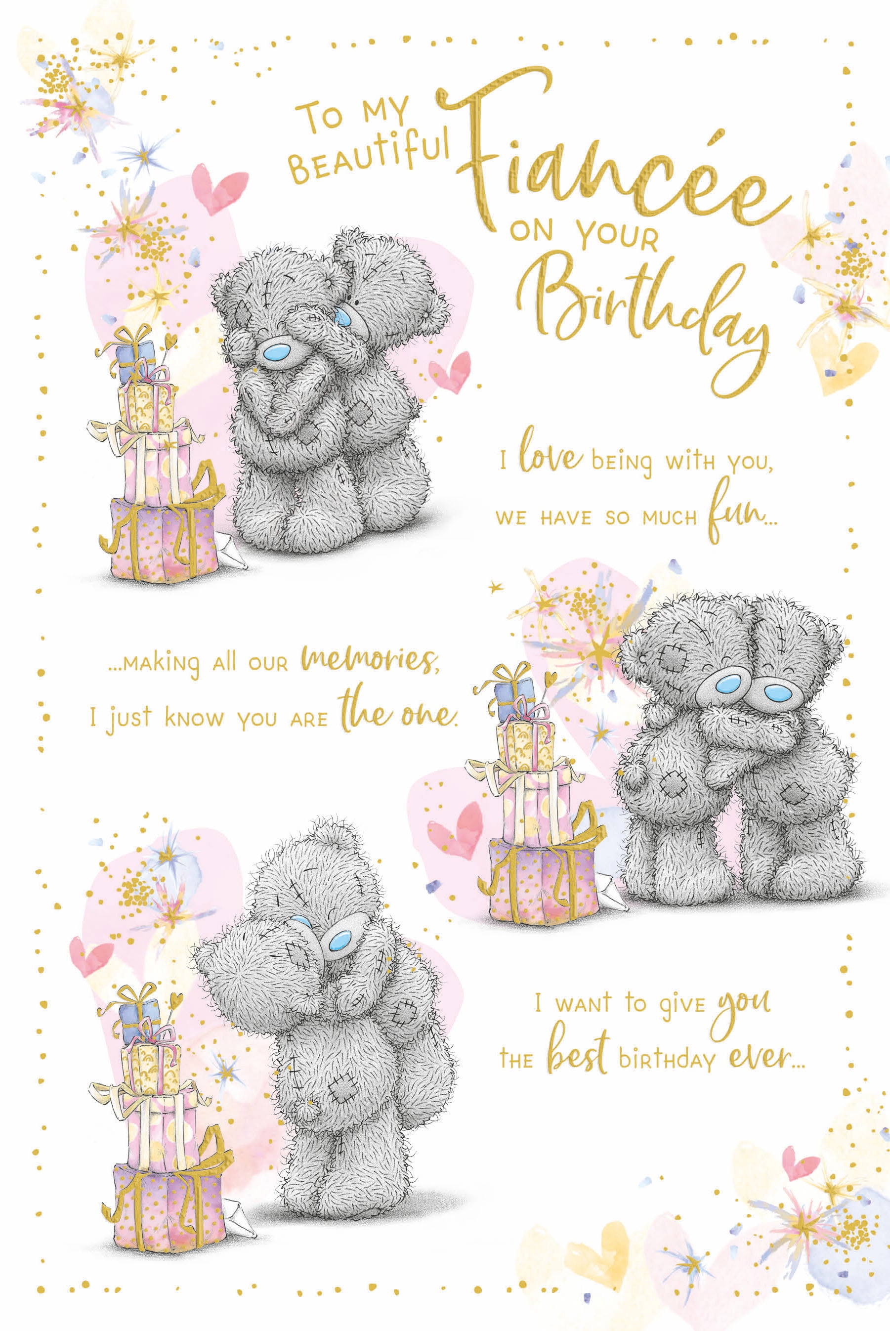 To My Beautiful Fiancée Birthday Card - Bears With Stacked Presents Storyboard