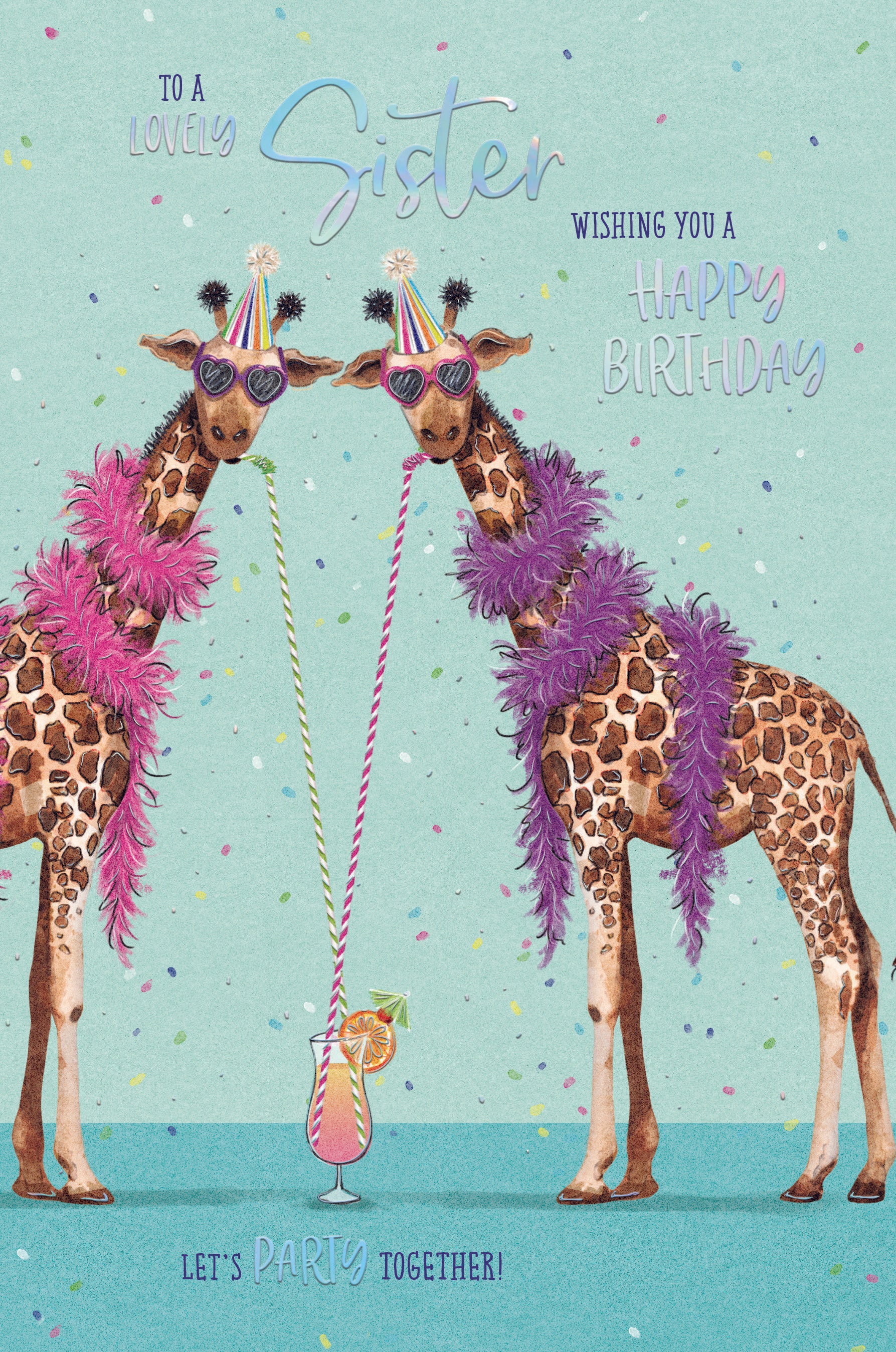 Sister Birthday Card - Giraffes Drinking Cocktail
