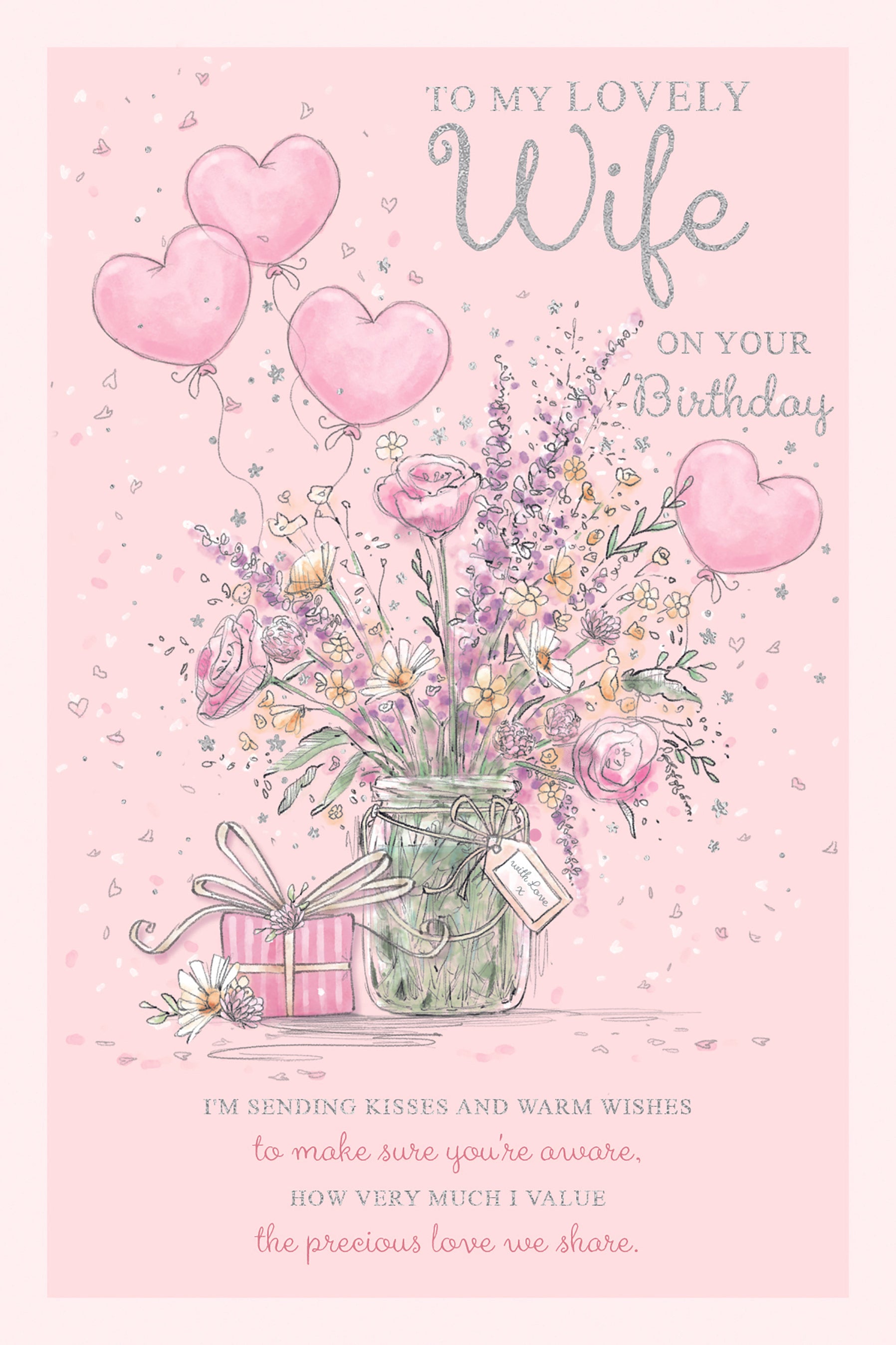 Wife Birthday Card - Jar Of Flowers With Balloons