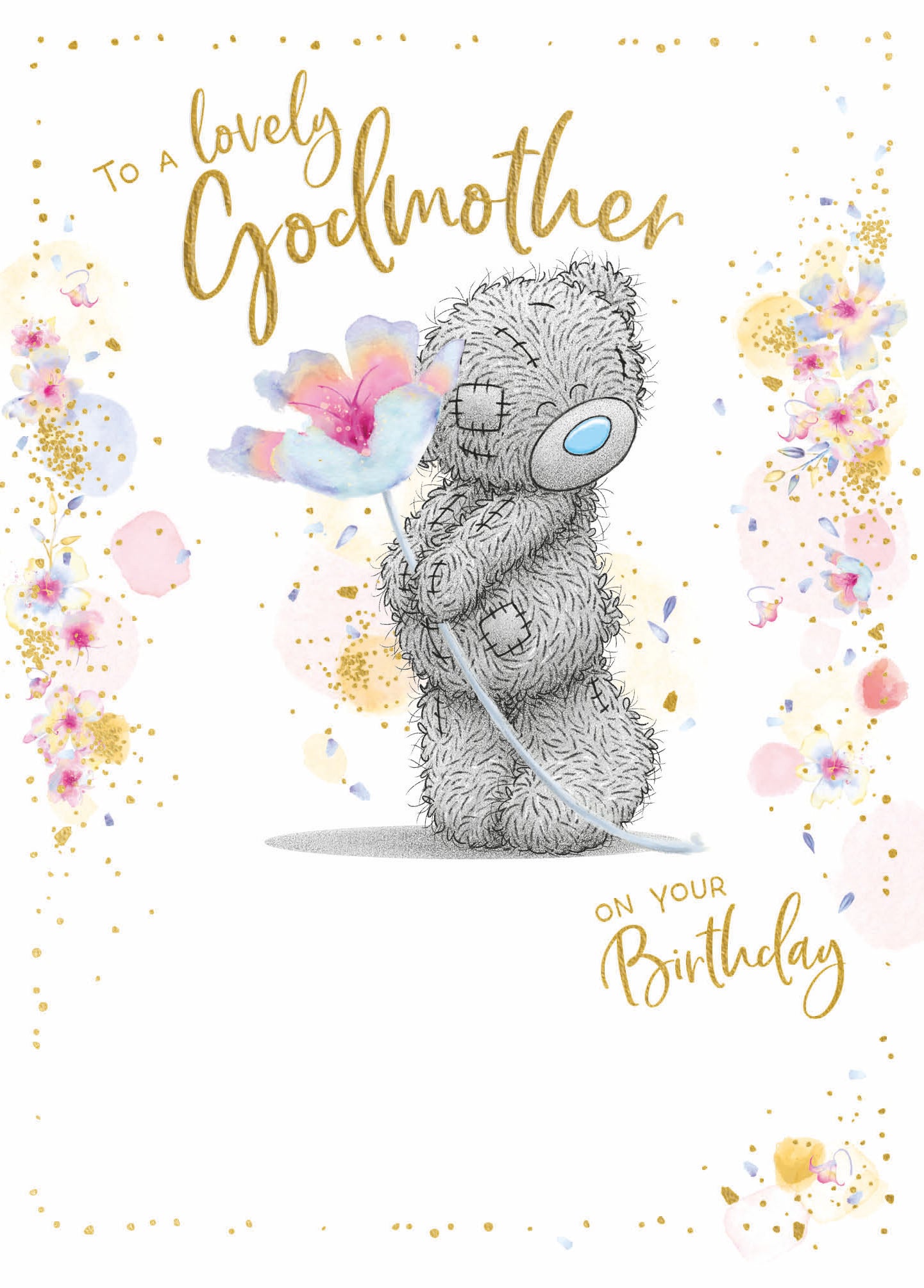 Godmother Birthday Card - Bear Holding Single Flower