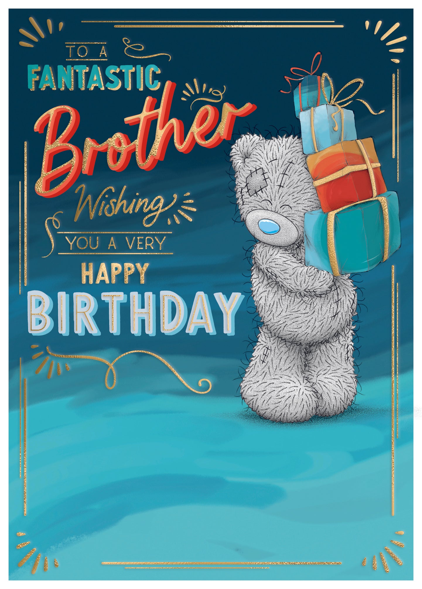 Brother Birthday card - Bear Holding Gifts
