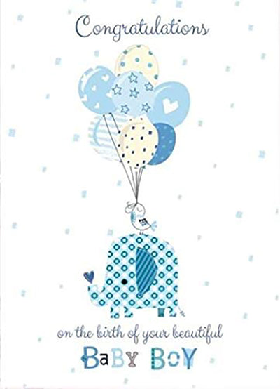 Congrtaulations Baby Boy Card - Blue Elephant With Balloons