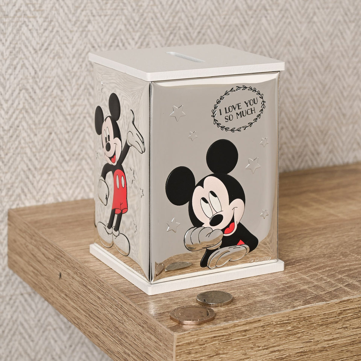 Disney Mickey Mouse Real 999 Silver Plate Money Bank - White Wood