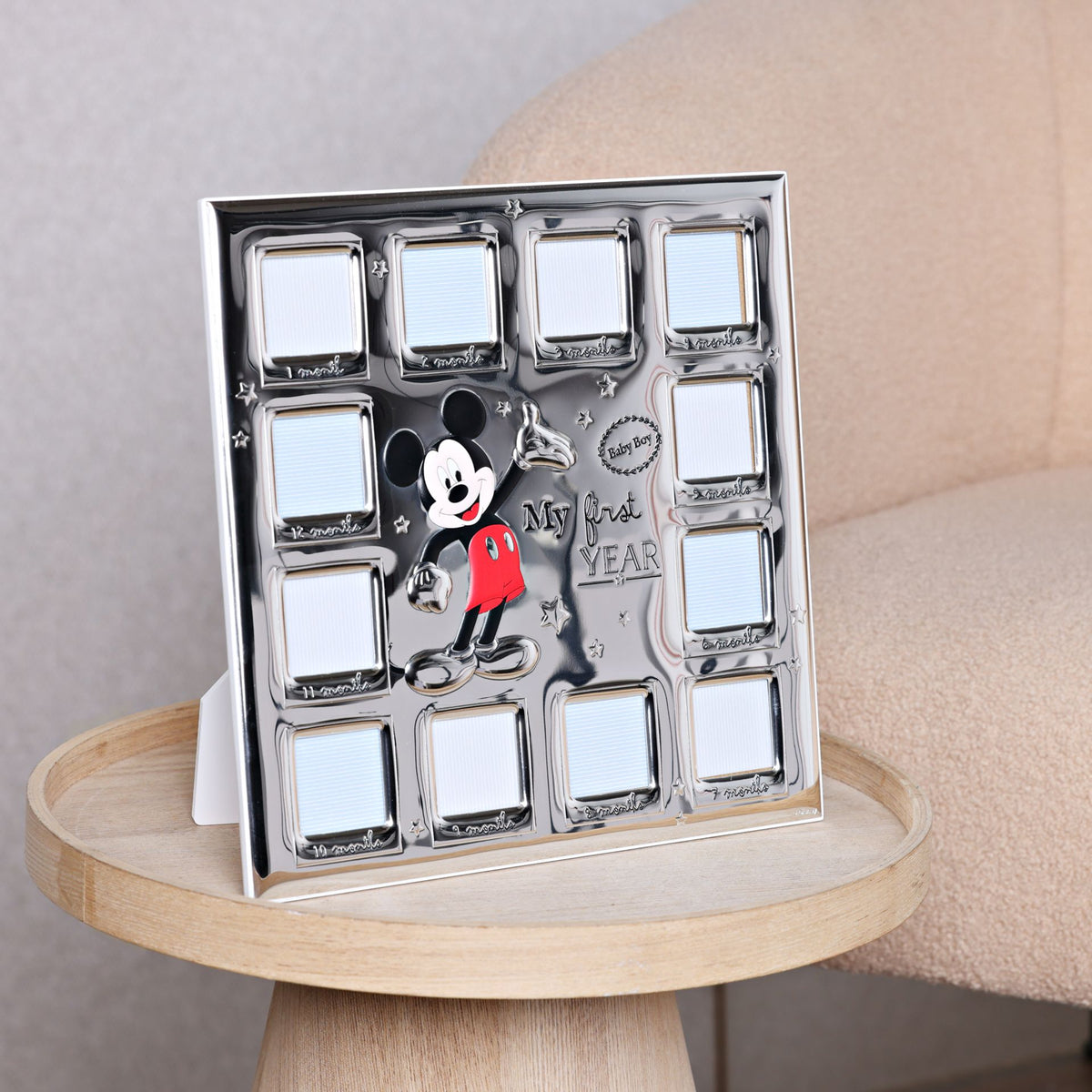 Disney Mickey Mouse 12 Month Multi Aperture Real 999 Silver Plate Frame With White Wooden Back