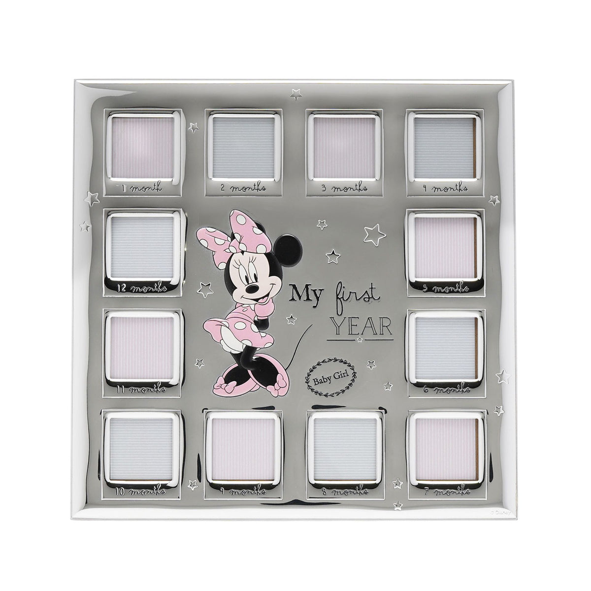 Disney Minnie Mouse 12 Month Multi Aperture Real 999 Silver Plate Frame With White Wooden Back