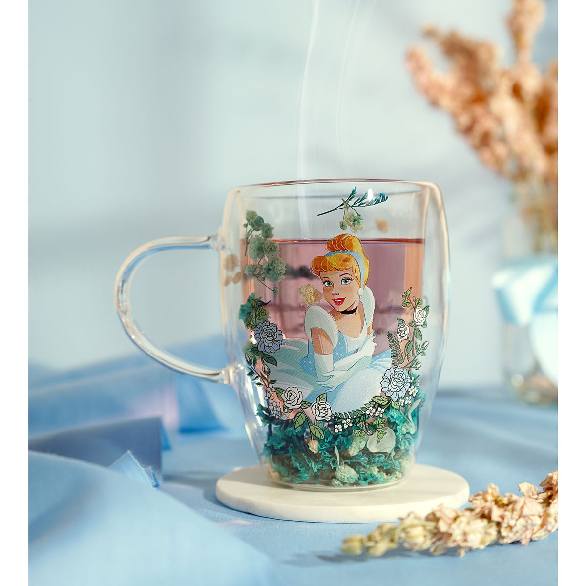 Disney Pastel Princess Floral Decorative Glass Mug - Cinderella